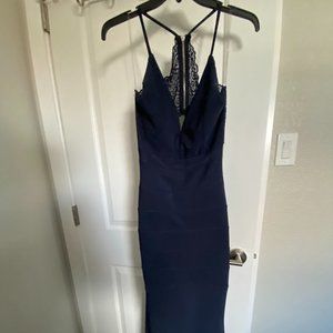 Navy Trumpet/Mermaid Floor Length Dress with Lace/Open Back
